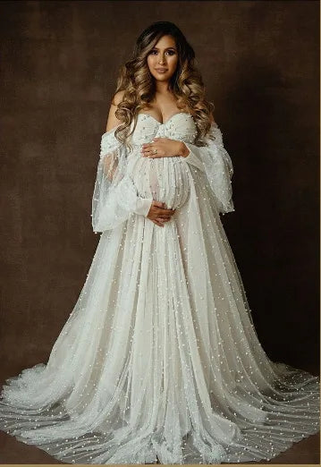 European & American Maternity Dress Mesh & Beaded Off-Shoulder Maxi Dress with Train Photoshoot Gown Photography Dress Pregnancy