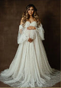 European & American Maternity Dress Mesh & Beaded Off-Shoulder Maxi Dress with Train Photoshoot Gown Photography Dress Pregnancy