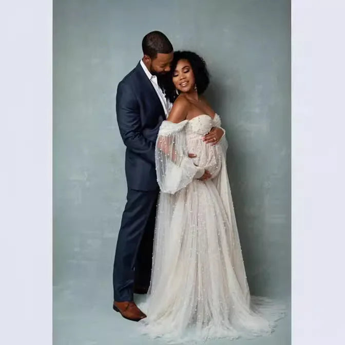 European & American Maternity Dress Mesh & Beaded Off-Shoulder Maxi Dress with Train Photoshoot Gown Photography Dress Pregnancy