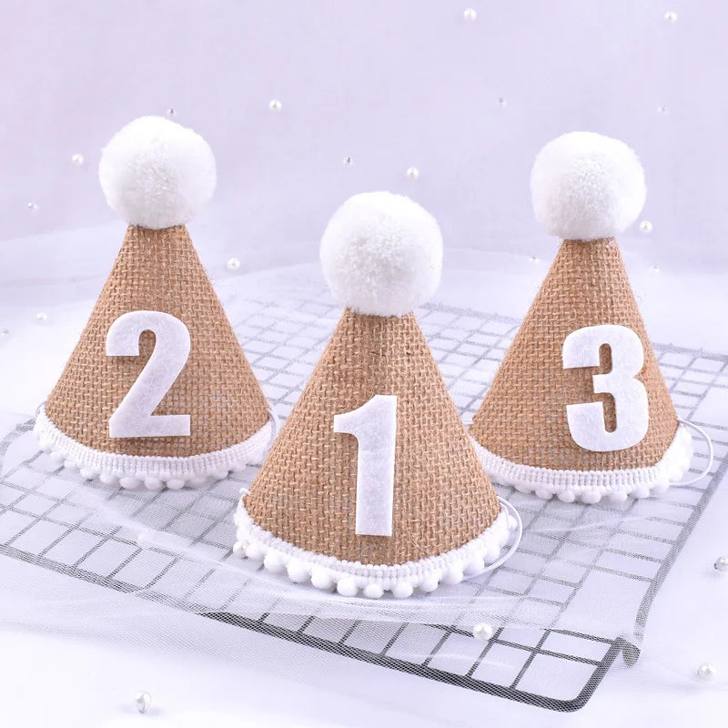 Burlap Hat Baby First Birthday Party Linen Felt Hat 1st 2th 3th Years Kids Baby Shower Hat Birthday Headband Decor Photo Props