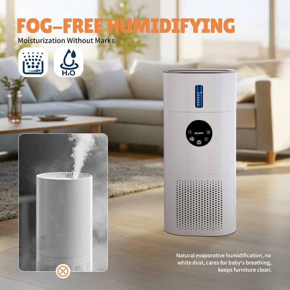 ROUNY Air Purifier & Humidifier, 2-in-1 Multi-Function Appliance, Deodorizing & Fog-Free Humidification, White