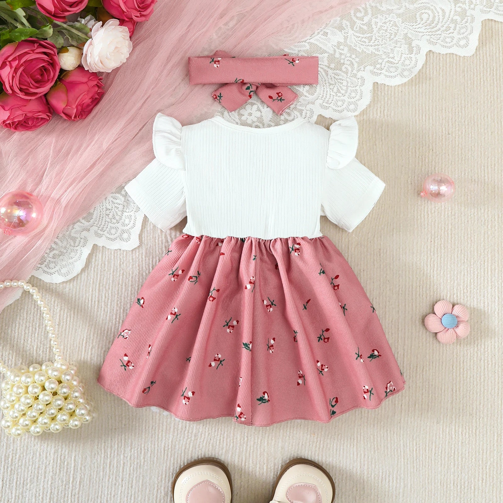 2Pcs/Set Baby girl Dress Small Floral Large bow Summer,Dress+Headband Set suitable for 0-24 Months Baby girls Fashionable Dress