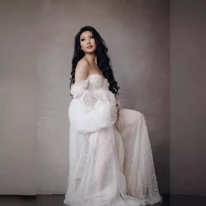 European & American Maternity Dress Mesh & Beaded Off-Shoulder Maxi Dress with Train Photoshoot Gown Photography Dress Pregnancy