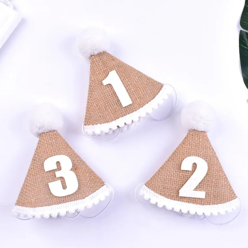 Burlap Hat Baby First Birthday Party Linen Felt Hat 1st 2th 3th Years Kids Baby Shower Hat Birthday Headband Decor Photo Props