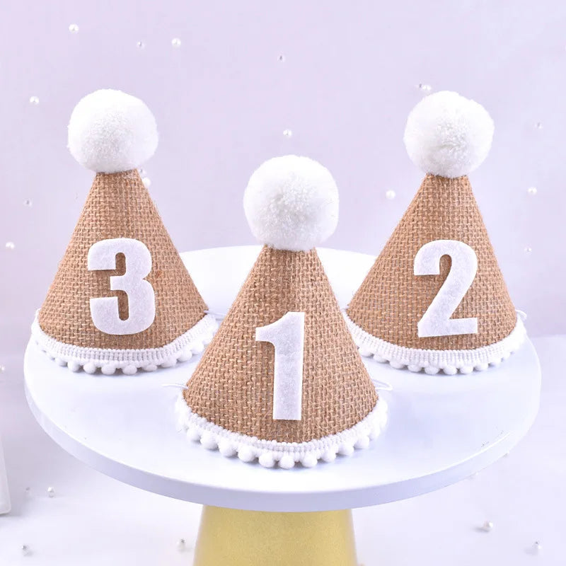 Burlap Hat Baby First Birthday Party Linen Felt Hat 1st 2th 3th Years Kids Baby Shower Hat Birthday Headband Decor Photo Props