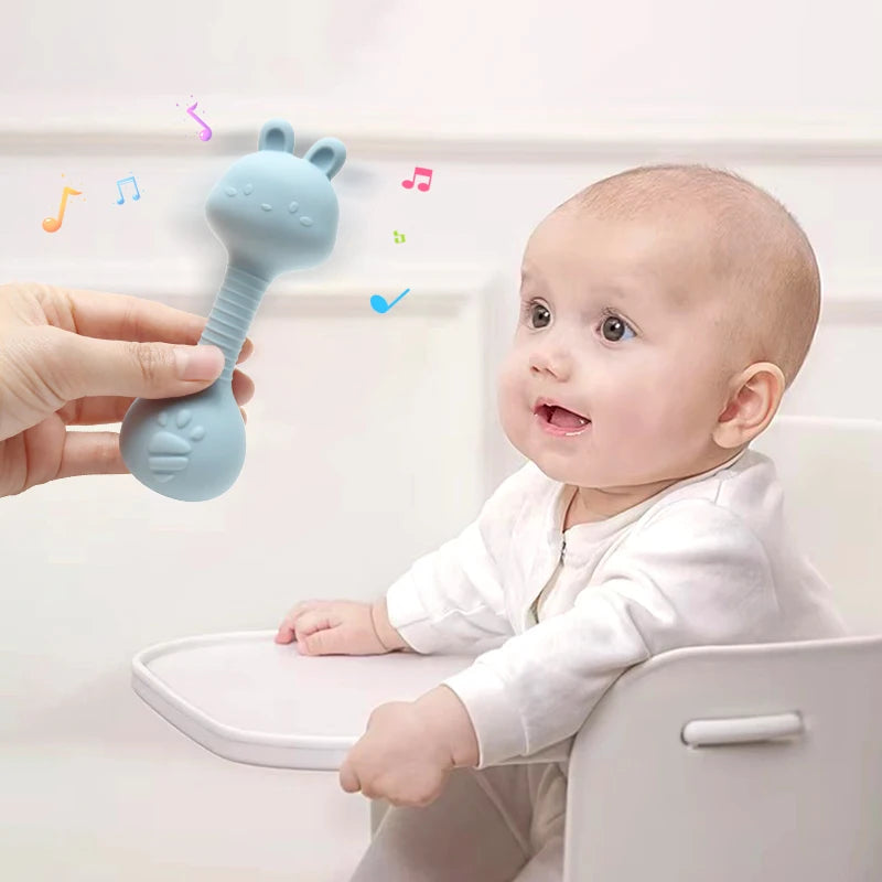 Food-Grade Baby Bunny Silicone Rattle Teether – Dumbbell Shape for Easy Grip, Handheld Toy for Infants