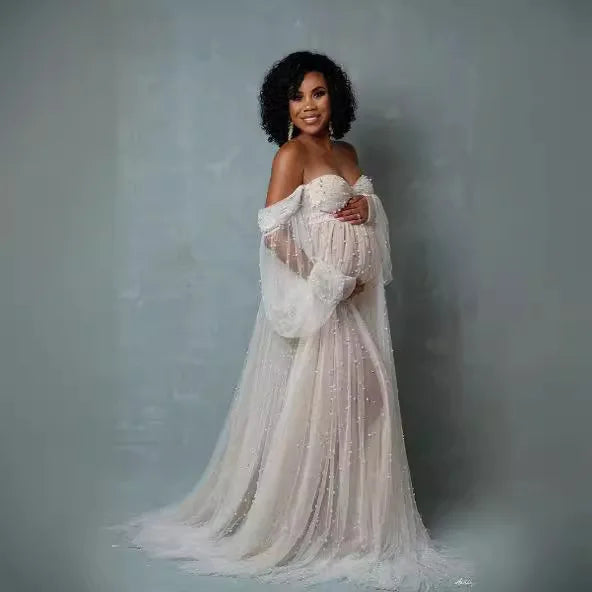 European & American Maternity Dress Mesh & Beaded Off-Shoulder Maxi Dress with Train Photoshoot Gown Photography Dress Pregnancy