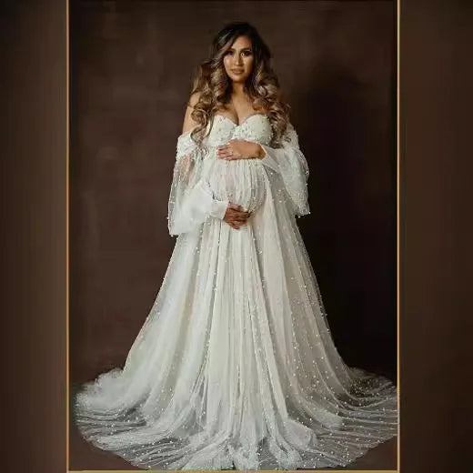 European & American Maternity Dress Mesh & Beaded Off-Shoulder Maxi Dress with Train Photoshoot Gown Photography Dress Pregnancy