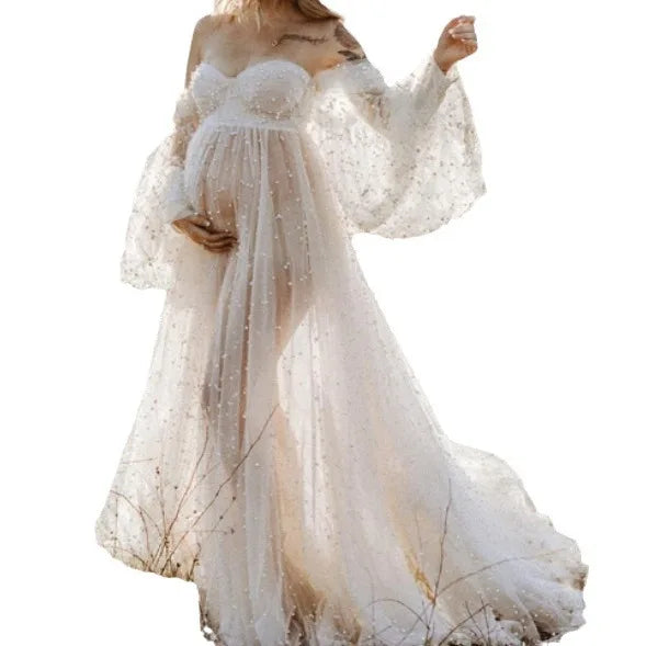 European & American Maternity Dress Mesh & Beaded Off-Shoulder Maxi Dress with Train Photoshoot Gown Photography Dress Pregnancy