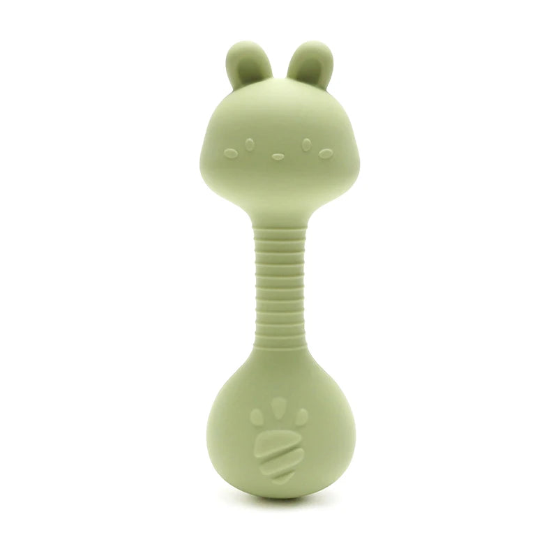 Food-Grade Baby Bunny Silicone Rattle Teether – Dumbbell Shape for Easy Grip, Handheld Toy for Infants