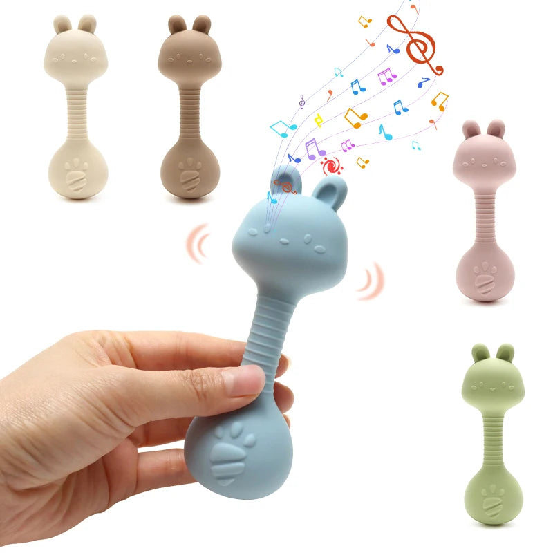 Food-Grade Baby Bunny Silicone Rattle Teether – Dumbbell Shape for Easy Grip, Handheld Toy for Infants